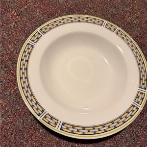 Classic White Ceramic Soup Bowl with Blue and Yellow Border